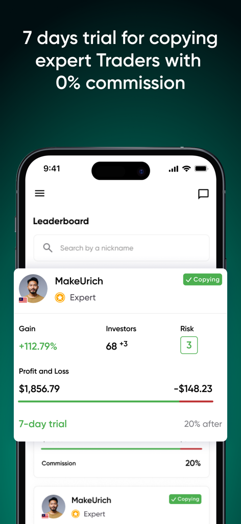 JustMarkets Copytrading - JustMarkets Copytrading app screen displaying a leaderboard and a 7-day trial offer to copy expert traders with 0 percent commission