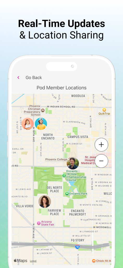Real-time location sharing map showing pod member positions
