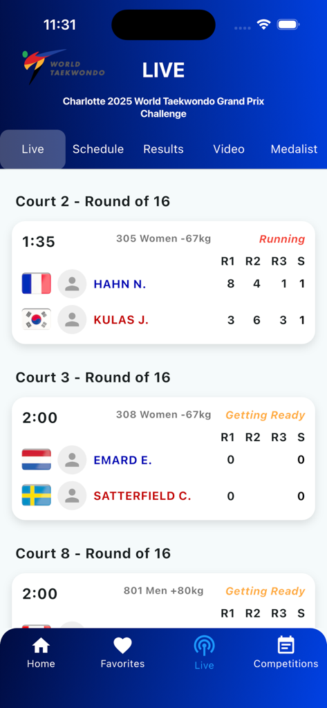 Scores de matchs en direct et calendrier des tournois sur l'application World Taekwondo.
