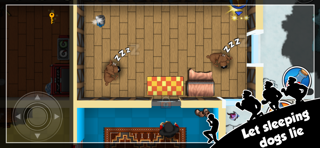 Top down view of Robbery Bob sneaking past two sleeping bulldogs in a wooden floor level.