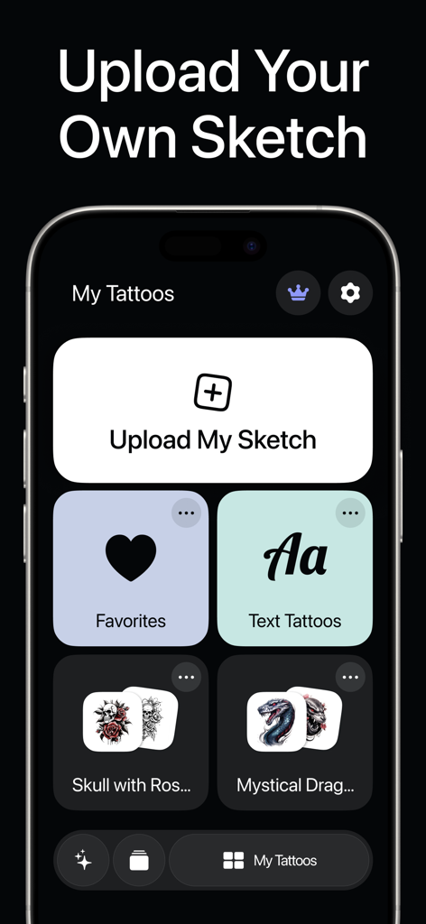 タトゥーAIアプリのインターフェースに、マイタトゥーギャラリーと個人のスケッチをアップロードするオプションが表示されています。