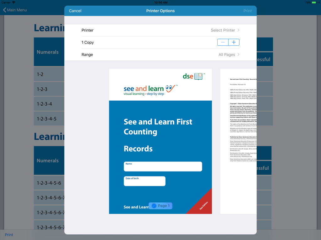 See and Learn First Counting - シーアンドラーン・ファースト・カウンティングアプリの進捗記録フォームの印刷オプション。