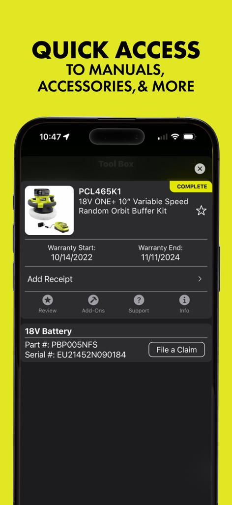 RYOBI App-Oberfläche, die Werkzeuggarantieinformationen und Wartungsoptionen für ein Poliermaschinen-Set anzeigt.