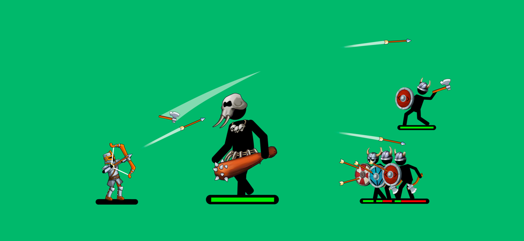 A stickman archer battling multiple enemies and a giant boss with a club on a green background.