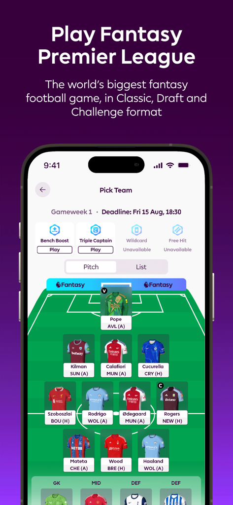 Fantasy Premier League team selection screen showing a soccer pitch with player cards