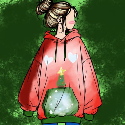 realistic girl with a oversized sweatshirt on and a bun