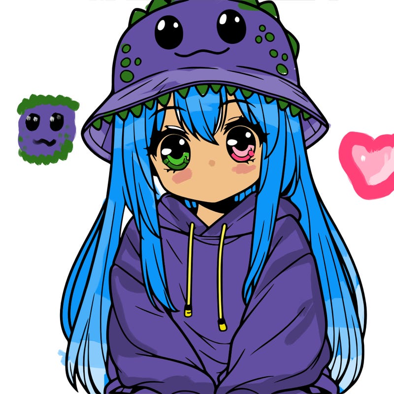 girl with anime shaped eyes with a dinosaur bucket hat oversized sweatshirt long straight hair
