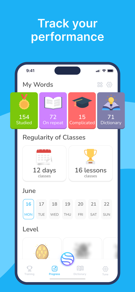 AI Spanish Minute - AI Spanish Minuteアプリのインターフェース。言語学習の進捗状況統計と単語学習回数が表示されています