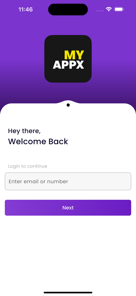 My AppX - Login page of the My AppX coaching management application showing a welcome back message and email input field