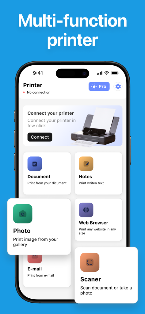 Smart Printer App. - Mobile app interface showing options for printing documents, photos, and scanning from an iPhone