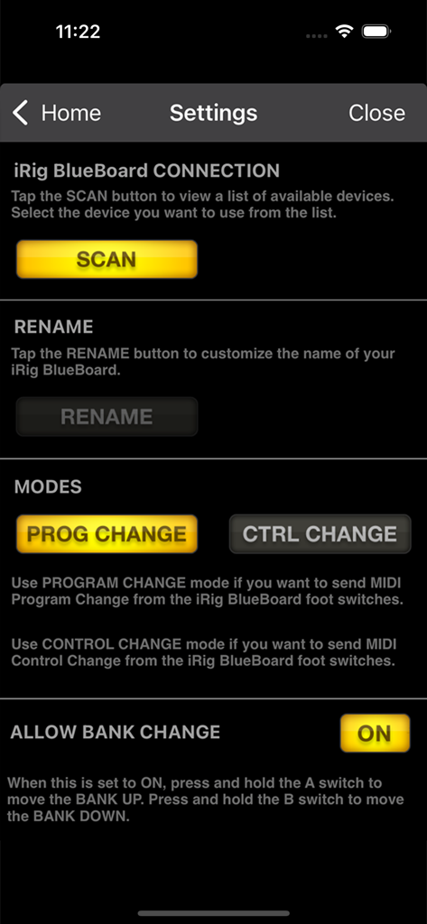 Pantalla de configuración de la aplicación iRig BlueBoard que muestra la conexión del dispositivo, la selección del modo MIDI y las opciones de cambio de banco