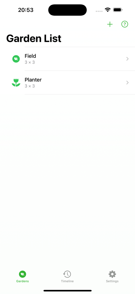 Der Bildschirm mit der Gartenliste, der Beet- und Pflanzerflächen in der Easy Home Garden App anzeigt