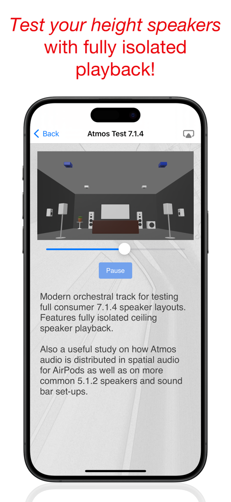 ホームシアターの 7.1.4 ハイトスピーカーテストを表示するサラウンドスピーカーチェックアプリのインターフェイス