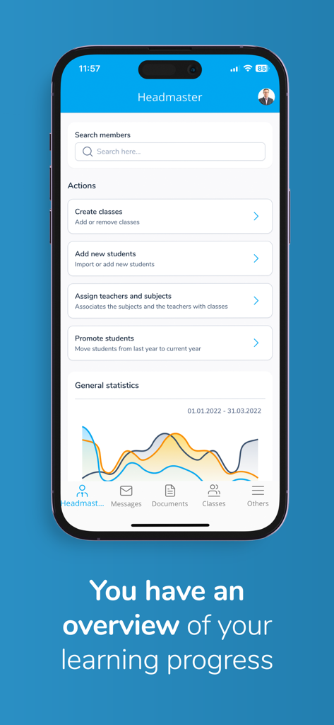 Adservio - Adservio mobile app headmaster interface showing school management actions and general statistics charts