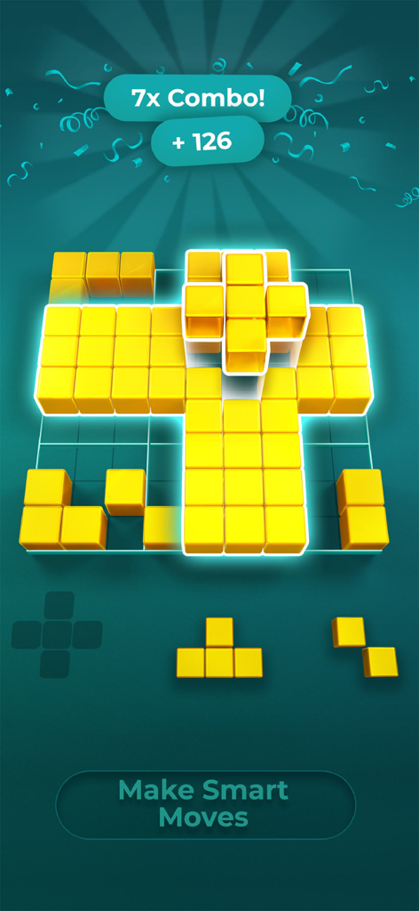 Playdoku: Block Puzzle Game - Playdoku Block-Puzzle-Spiel, das einen 7x Combo-Score mit gelben Blöcken auf einem türkisfarbenen Gitter zeigt.