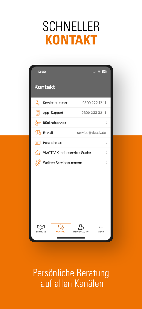 VIACTIV - Service - VIACTIV Service app contact screen showing phone numbers email and callback options