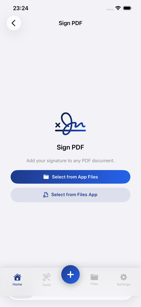 PDF: Converter - Mobile app interface for signing PDF documents with options to select files from the app or device storage.