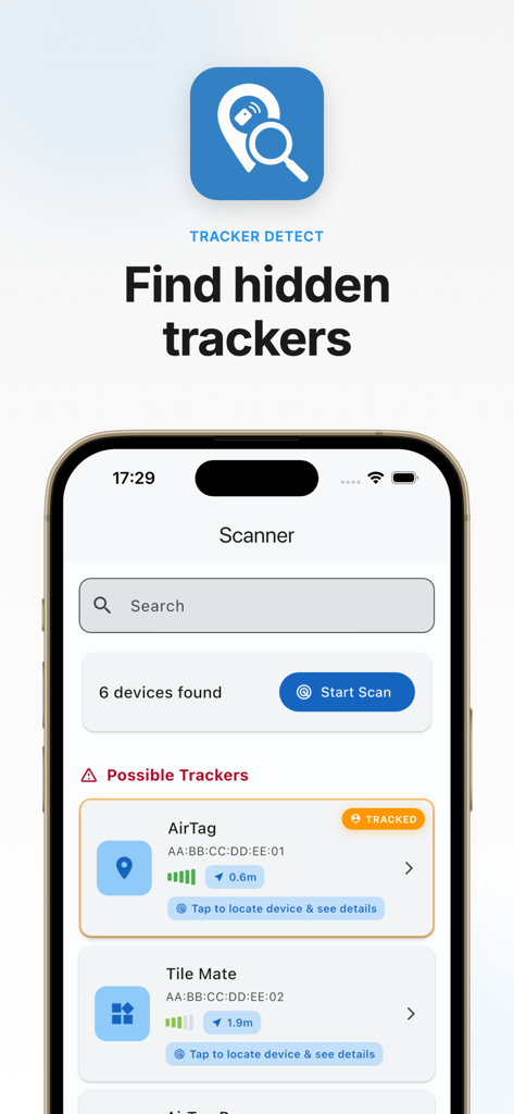 Tracker Detect + - Tracker Detect Plus app interface showing a list of detected hidden trackers with distance tracking.