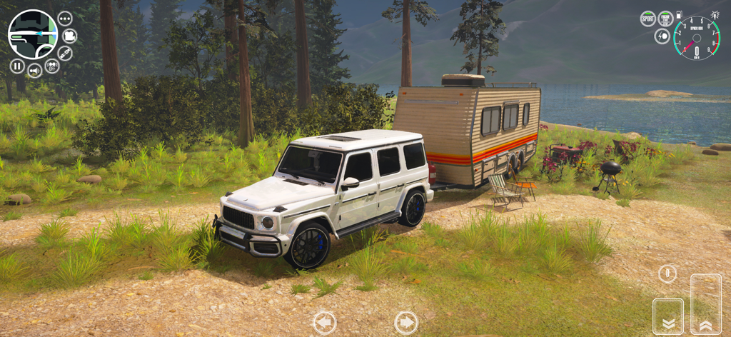 Driving School Simulator : EVO - White SUV towing a camper trailer in a scenic forest freeroam environment next to a lake.