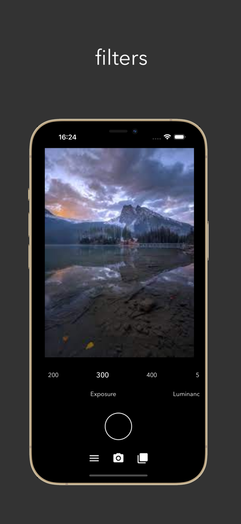 Interface of the Analog Cam app showing vintage filters and manual exposure controls on a scenic mountain landscape photo.