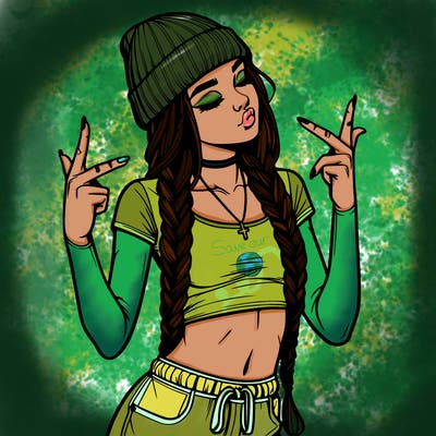 realistic teenage girl with braids and a beanie and crop top doing 🫶🏼