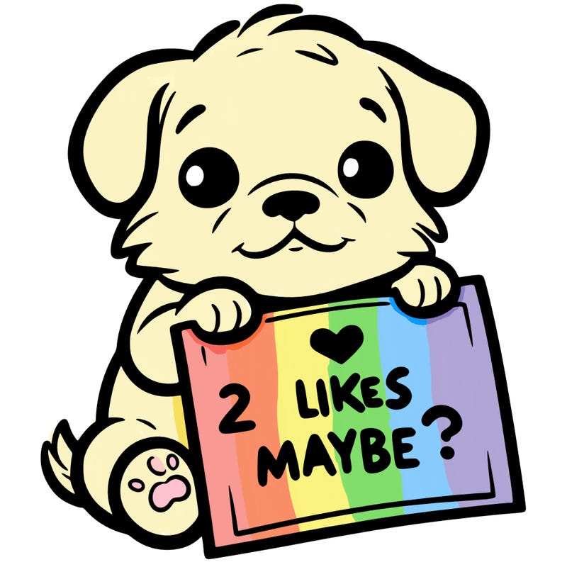 a puppy holding a sign that says 2 likes maybe?