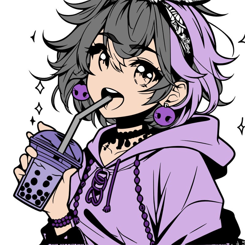 hot baddie anime girl drinking boba and biting the straw