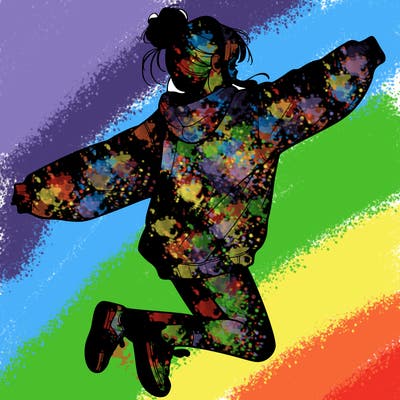 realistic girl jumping with a bun and oversized sweatshirt