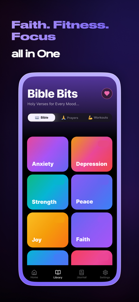 75 Holy Challenge mobile app screenshot showing Bible verse categories for various moods like anxiety and peace