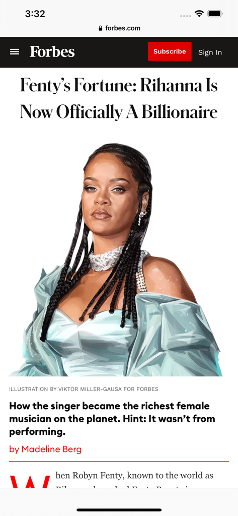 Rihanna가 공식적으로 억만장자가 되었다는 Forbes 기사 헤드라인과 가수의 삽화