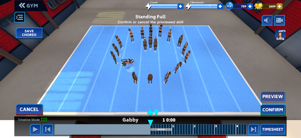 Boss of the World - Un éditeur de routines de cheerleading dans Boss of the World montrant des athlètes disposés sur un tapis bleu pour une figure "standing full".