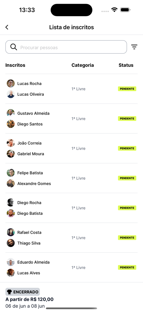 Placar.app - Tela móvel mostrando uma lista de atletas registrados e seus status para um torneio esportivo no Placar.app