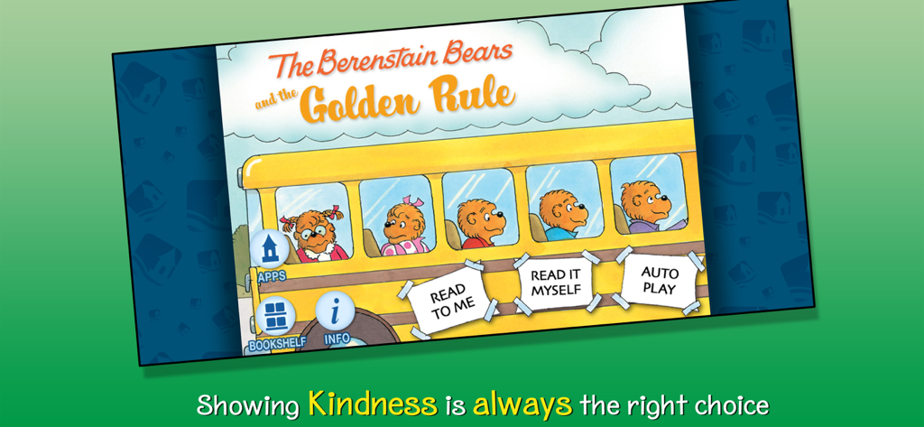 Berenstain Bears - Golden Rule - La pantalla de inicio de la aplicación Los Osos Berenstain y la Regla de Oro que muestra opciones de lectura y la familia Oso en un autobús escolar.