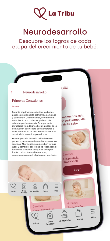 La Tribu de Lucía mi pediatra - Interfaccia dell'app mobile La Tribu che mostra le tappe dello sviluppo neuroevolutivo del bambino per mese.