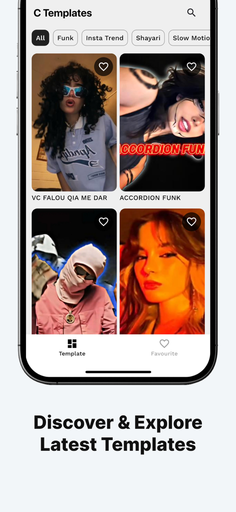 C Template - A mobile screen showing the C Template app interface with various trending video templates for social media editing.
