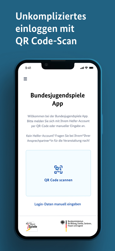 Bundesjugendspiele App - Anmeldebildschirm der Bundesjugendspiele-App mit QR-Code-Scan-Schaltfläche und manueller Eingabeoption
