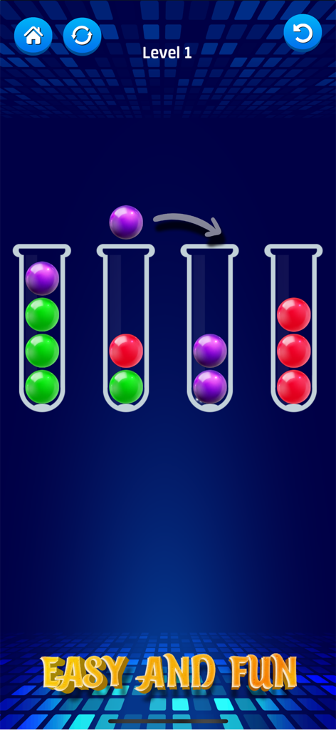 Ball Puzzle: Sort Color Balls - Pantalla de juego del rompecabezas de clasificación de bolas de colores Ball Puzzle mostrando el Nivel 1.