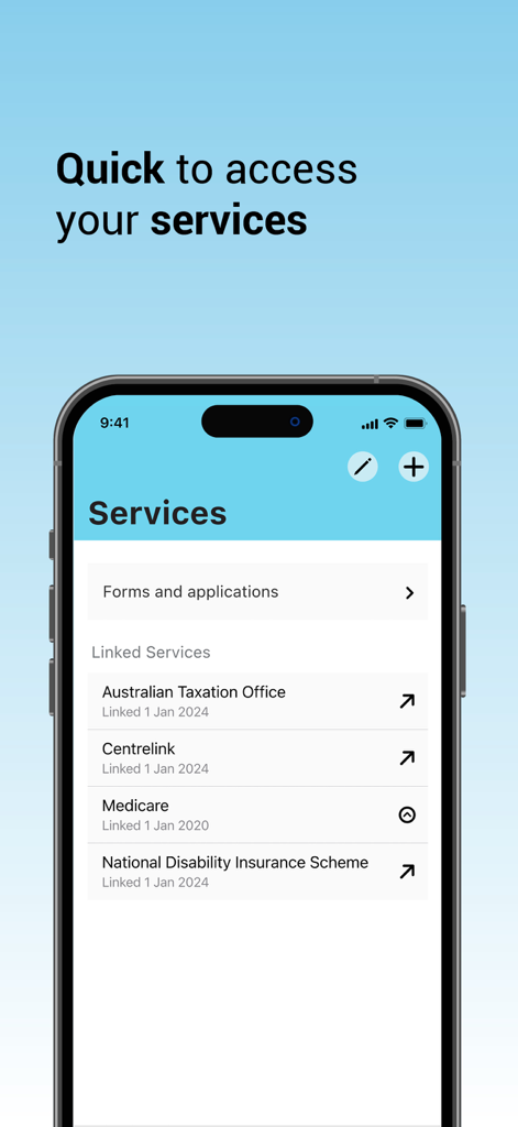 A mobile screen from the myGov app showing linked services including the Australian Taxation Office, Centrelink, and Medicare