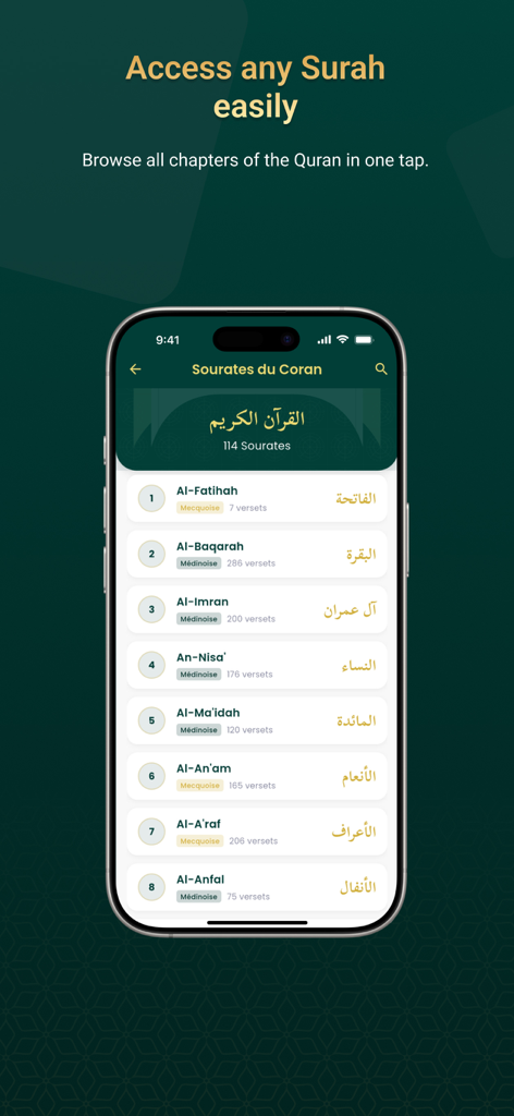 Noor: Phonetic Quran Guide - Mobile screen showing a list of Quran surahs with Arabic titles and phonetic transcriptions in the Noor app.