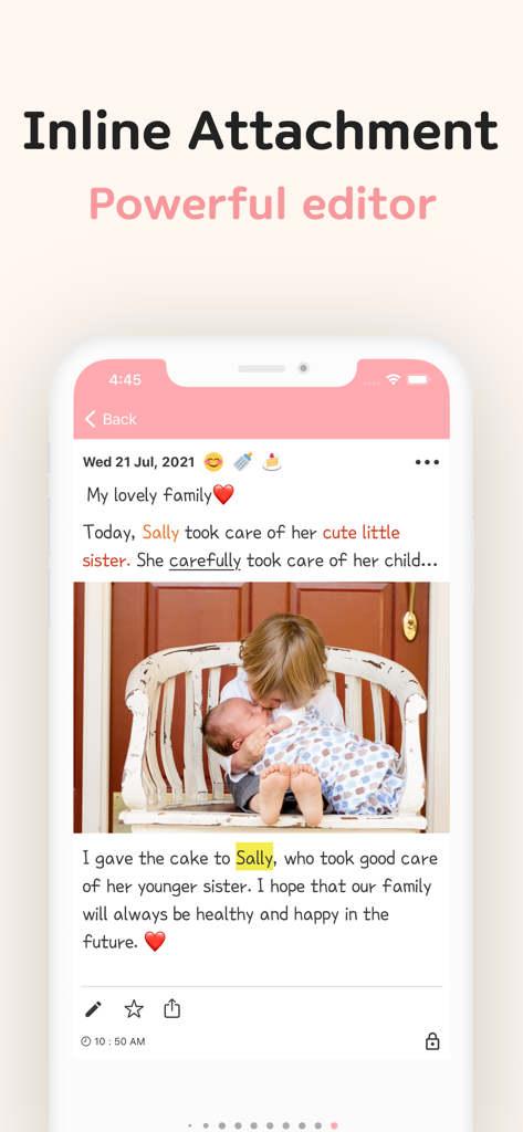 DailyLife - Diary, Journal - A screenshot of the DailyLife app showing a diary entry with an inline photo of children and custom cursive fonts