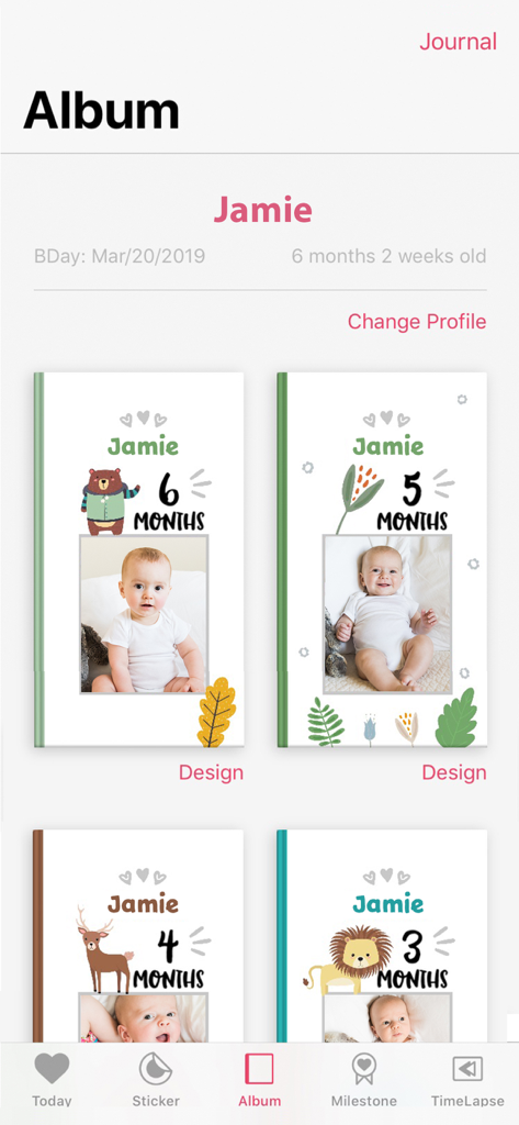 Digital baby book interface displaying monthly milestone photo albums with cute animal illustrations