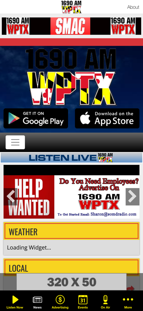 100.7FM & 1690 AM WPTX - Main screen of the WPTX radio app showing local news and weather