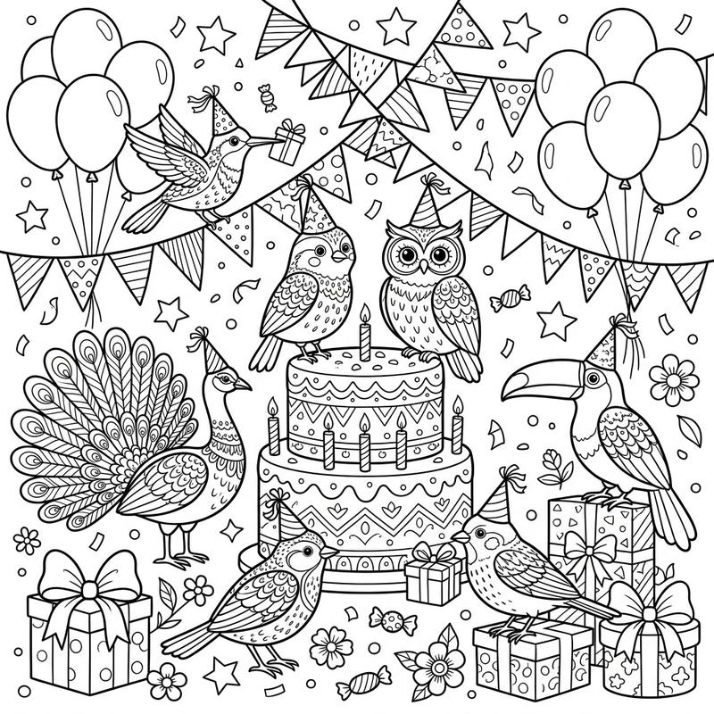 Join a charming flock of bird figurines as they celebrate a whimsical birthday party! This delightful coloring page is packed with festive details, including a grand cake, wrapped presents, balloons, and confetti, ready for your creative touch.