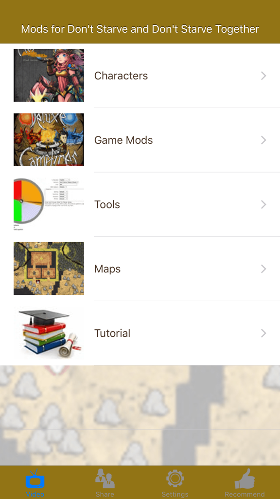 Mods for Don't Starve and Don't Starve Together - Main menu of the Mods for Don't Starve app showing categories for Characters, Game Mods, Tools, Maps, and Tutorials