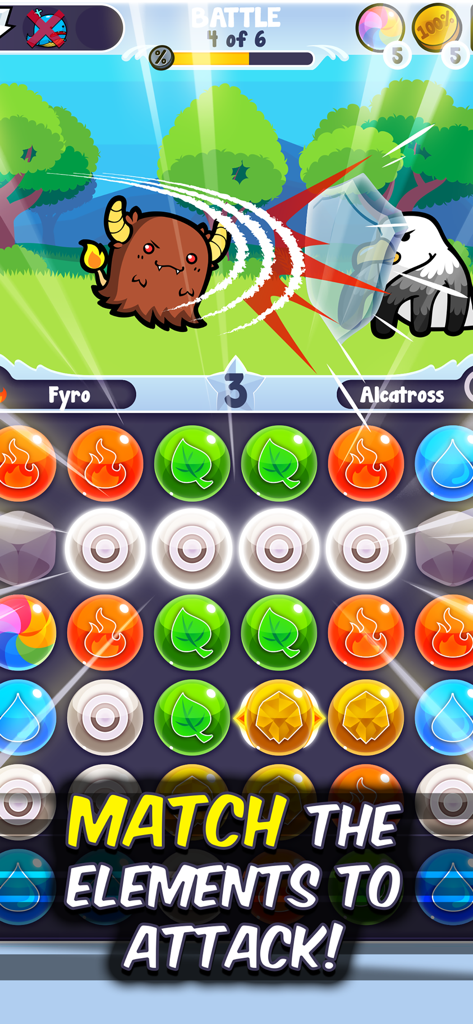Pico Pets Puzzle - A monster battle screen from Pico Pets Puzzle showing elemental match-3 gems used to attack an enemy.