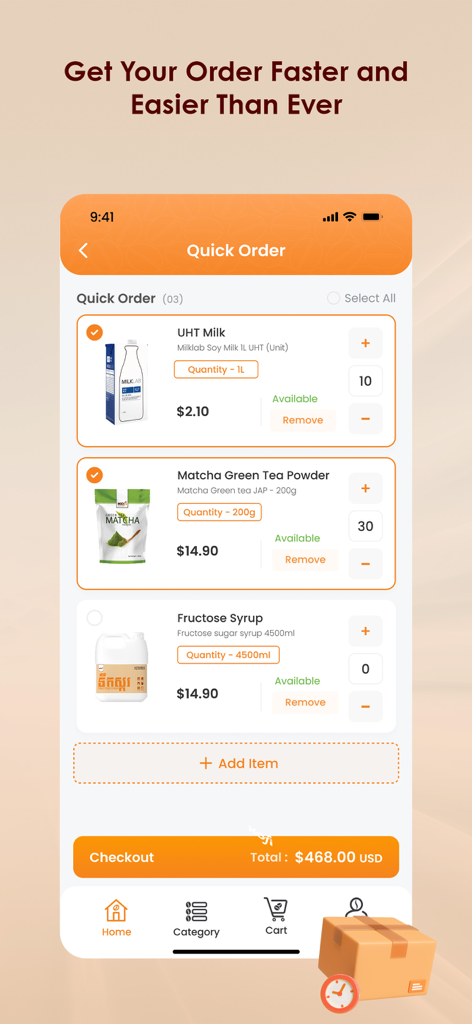 KOFI - Pantalla de pedido rápido de la aplicación KOFI que muestra suministros de café y un botón de pago