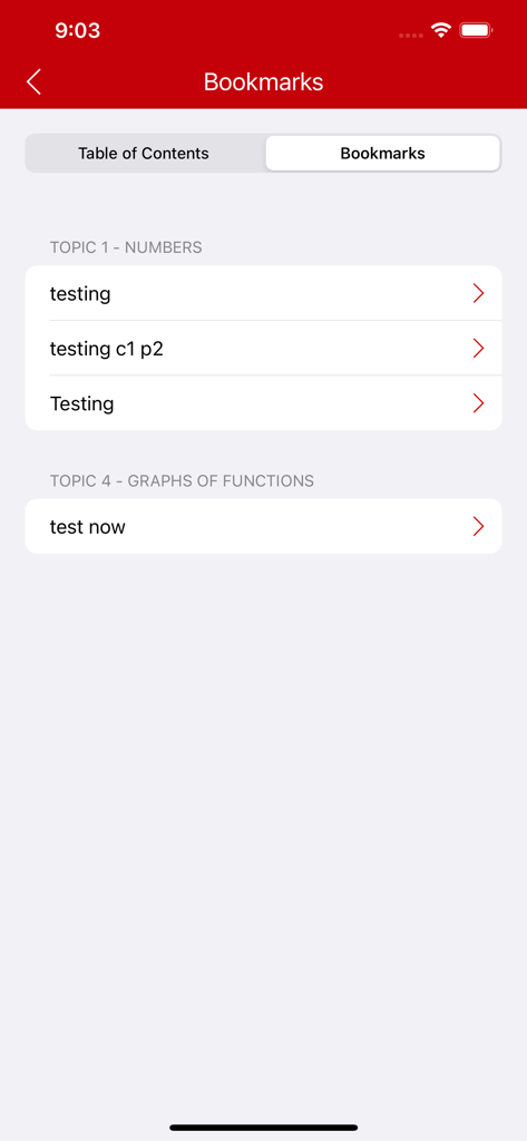 Écran des signets dans l'application Redspot eBooks montrant les pages d'étude sauvegardées organisées par sujets tels que Nombres et Graphes de Fonctions