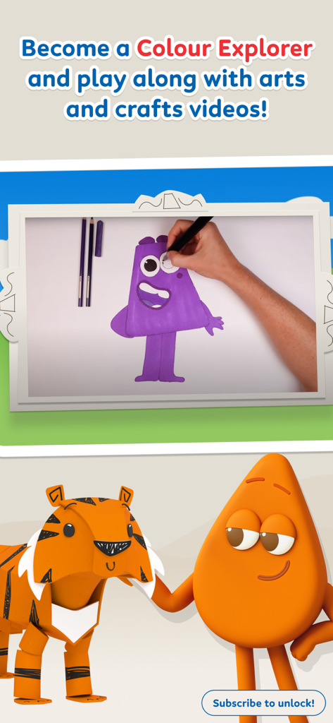 Colorblocks World - Colorblocks World app screen showing arts and crafts videos and drawing tutorials for kids.