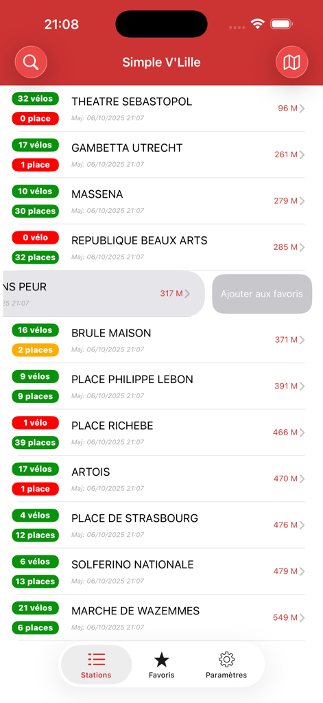 Application Simple V'Lille montrant la disponibilité en temps réel des vélos et des bornes pour les stations à Lille