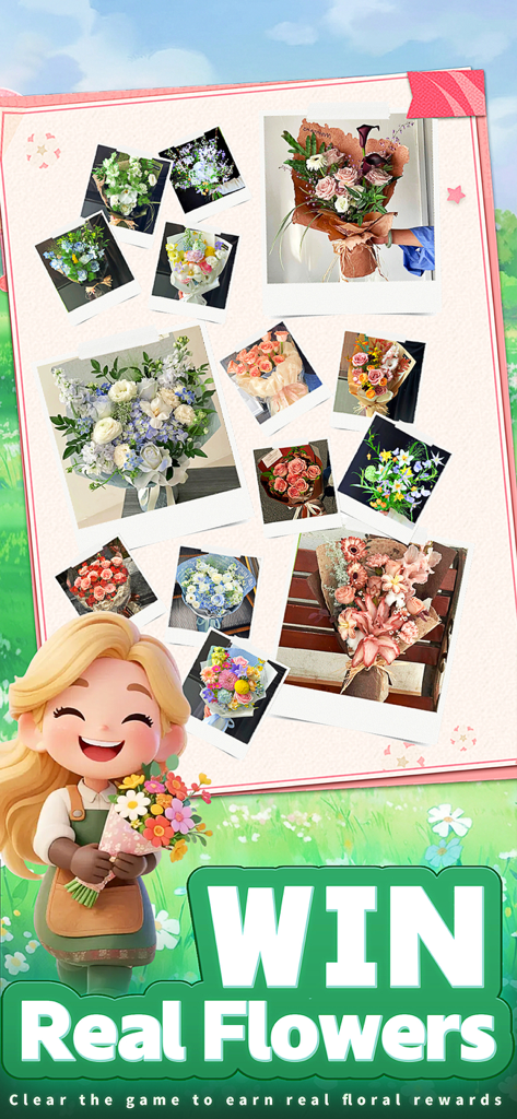 The Cozy Florist - Un alegre personaje florista de dibujos animados sosteniendo un ramo junto a un collage de fotos de flores reales con texto que promociona recompensas florales reales.